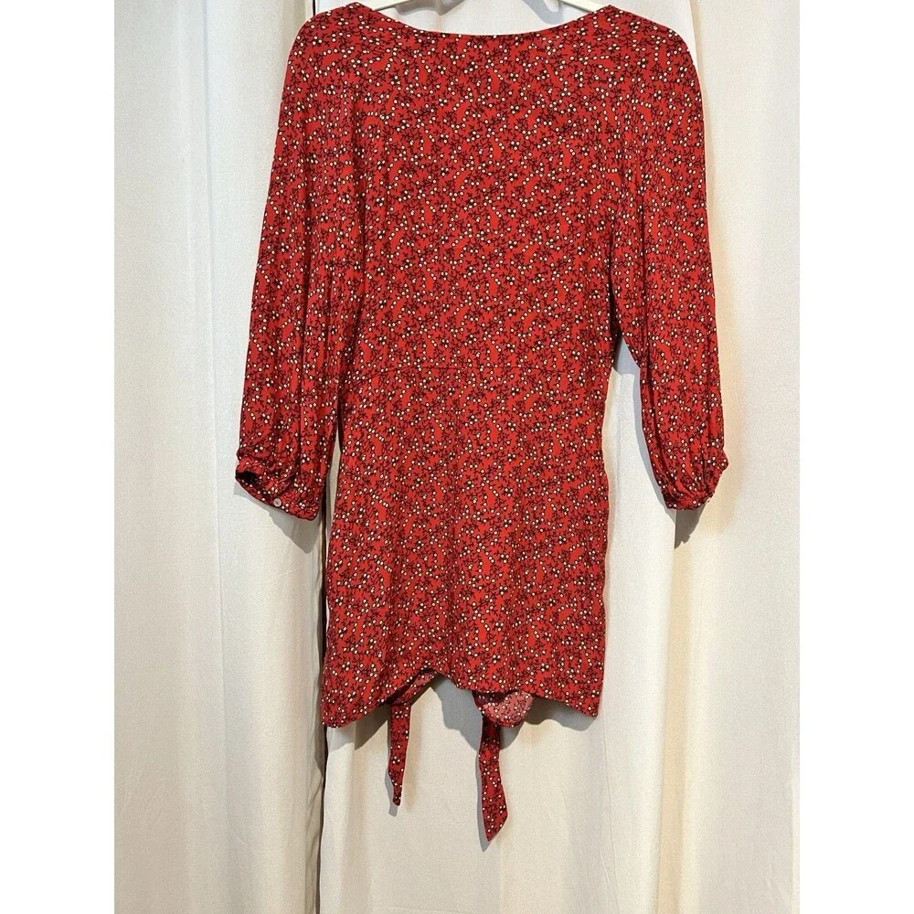 Free People Women's Clara Floral Mini Tunic Dress S Red Wrap 3/4 Sleeve Viscose‎